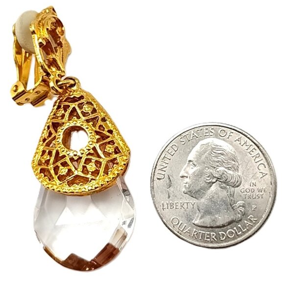 Gold Tone Filigree Clip-On Dangle Earrings Clear Faceted Teardrop Vintg-Inspired - Picture 9 of 9